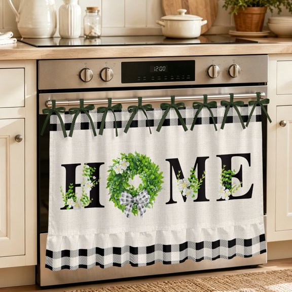 Oven Skirt Curtain for Kitchen 20x27 Inch, Rustic Home Oven Curtain with 8 Ribbon Ties & Ruffle Trim, Stove Skirt Curtain Dishwasher for Cabinets Sinks Eucalyptus Leaves Floral Beige Buffalo Plaid