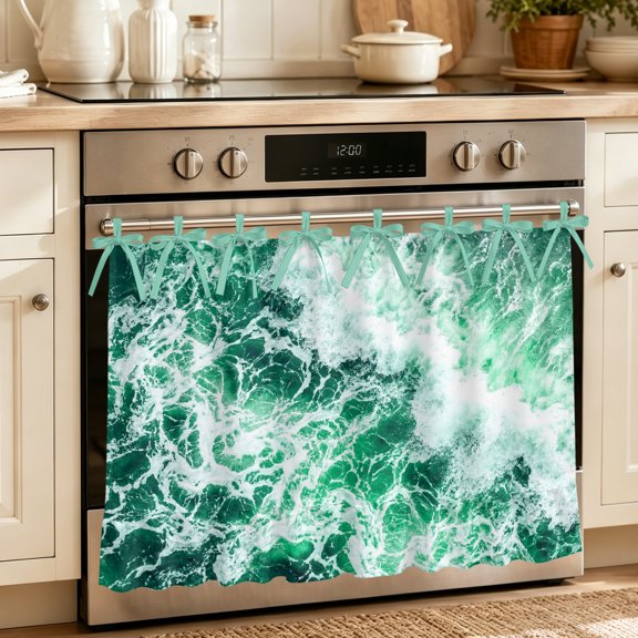 Oven Skirt Curtain for Kitchen 20x27 Inch, Sea Foam Oven Curtain with 8 Ribbon Ties & Ruffle Trim, Stove Skirt Curtain Dishwasher for Cabinets Over Sinks Nautical Coastal Tropical Green Ocean Waves