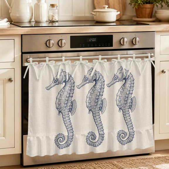 Oven Skirt Curtain for Kitchen 20x27 Inch, Seahorse Coastal Oven Curtain with 8 Ribbon Ties & Ruffle Trim, Stove Skirt Curtain Dishwasher for Cabinets Over Sinks Rustic Nautical Summer Ocean