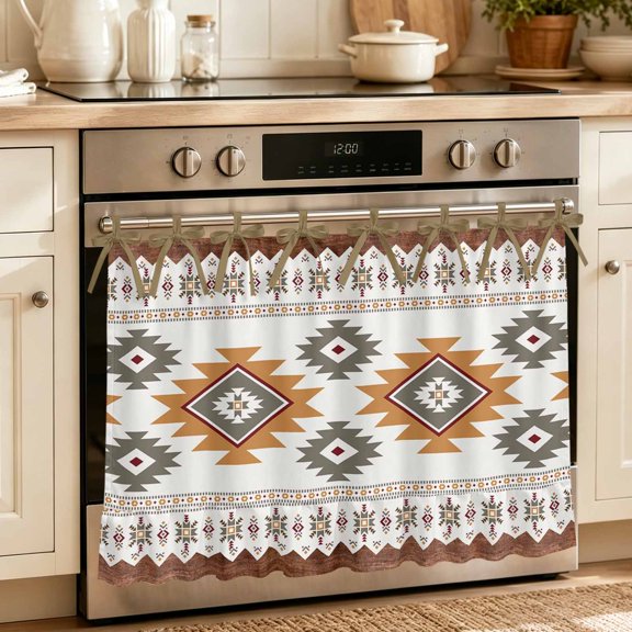 Oven Skirt Curtain for Kitchen 20x27 Inch, Southwest Geometric Oven Curtain with 8 Ribbon Ties & Ruffle Trim, Stove Skirt Curtain Dishwasher for Cabinets Sinks Western Beige Grey Boho Vintage Wooden