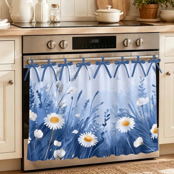 Oven Skirt Curtain for Kitchen 20x27 Inch, Spring Daisy Blue Oven Curtain with 8 Ribbon Ties & Ruffle Trim, Stove Skirt Curtain Dishwasher for Cabinets Over Sinks Pastoral Botanical White Floral Leaf