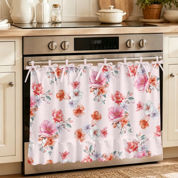 Oven Skirt Curtain for Kitchen 20x27 Inch, Spring Flowers Oven Curtain with 8 Ribbon Ties & Ruffle Trim, Stove Skirt Curtain Dishwasher for Cabinets Watercolor Pink Orange Floral Romantic Rustic