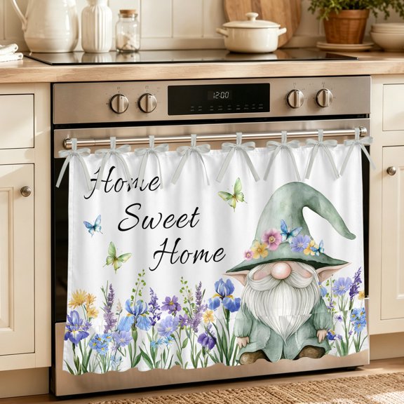 Oven Skirt Curtain for Kitchen 20x27 Inch, Spring Gnomes Oven Curtain with 8 Ribbon Ties & Ruffle Trim, Stove Skirt Curtain Dishwasher for Cabinets Sinks Watercolor Botanical Floral Buffalo Plaid