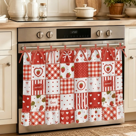 Oven Skirt Curtain for Kitchen 20x27 Inch, Strawberry Patchwork Oven Curtain with 8 Ribbon Ties & Ruffle Trim, Stove Skirt Curtain Dishwasher for Cabinets Over Sinks Red Farmhouse Love Hearts Plaid
