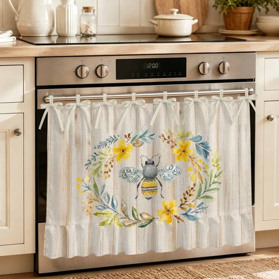 Oven Skirt Curtain for Kitchen 20x27 Inch, Summer Bees Wreath Oven Curtain with 8 Ribbon Ties & Ruffle Trim, Stove Skirt Curtain Dishwasher for Cabinets Over Sinks Botanical Leaves Grey Wooden