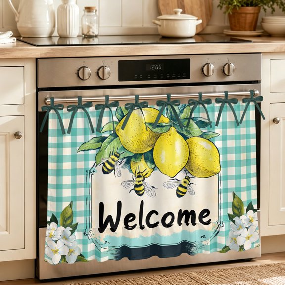 Oven Skirt Curtain for Kitchen 20x27 Inch, Summer Lemon Oven Curtain with 8 Ribbon Ties & Ruffle Trim, Stove Skirt Curtain Dishwasher for Cabinets Over Sinks Spring Bees Turquoise Plaid