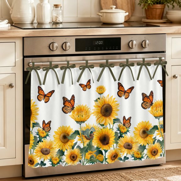 Oven Skirt Curtain for Kitchen 20x27 Inch, Summer Sunflowers Oven Curtain with 8 Ribbon Ties & Ruffle Trim, Stove Skirt Curtain Dishwasher for Cabinets Rustic Floral Farmhouse Butterflies Garden