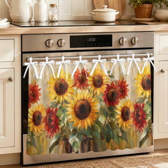 Oven Skirt Curtain for Kitchen 20x27 Inch, Summer Sunflowers Oven Curtain with 8 Ribbon Ties & Ruffle Trim, Stove Skirt Curtain Dishwasher for Cabinets Sinks Rustic Oil Painting Red Yellow Floral