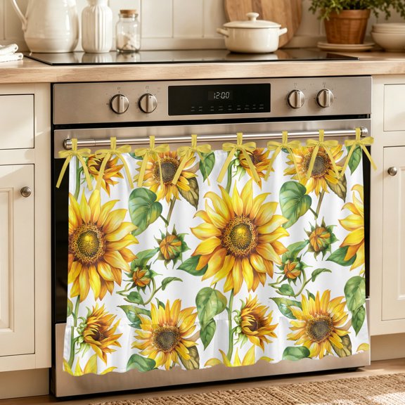 Oven Skirt Curtain for Kitchen 20x27 Inch, Sunflower Oven Curtain with 8 Ribbon Ties & Ruffle Trim, Stove Skirt Curtain Dishwasher for Cabinets Over Sinks Yellow Green Botanical Summer Rustic