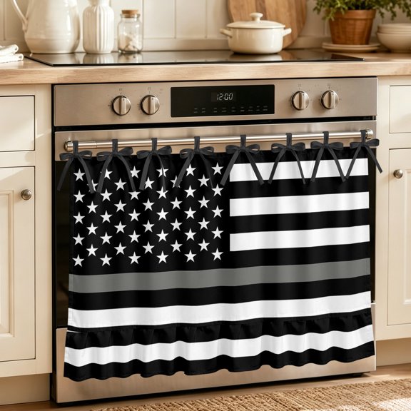 Oven Skirt Curtain for Kitchen 20x27 Inch, Thin Grey White Line Oven Curtain with 8 Ribbon Ties & Ruffle Trim, Stove Skirt Curtain Dishwasher for Cabinets Over Sinks American Flag Star