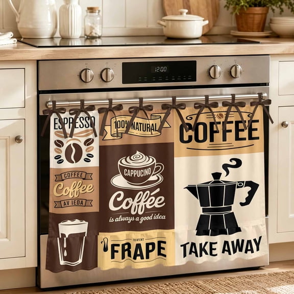 Oven Skirt Curtain for Kitchen 20x27 Inch, Vintage Coffee Oven Curtain with 8 Ribbon Ties & Ruffle Trim, Stove Skirt Curtain Dishwasher for Cabinets Over Sinks Farmhouse Retro Art Coffee Beans