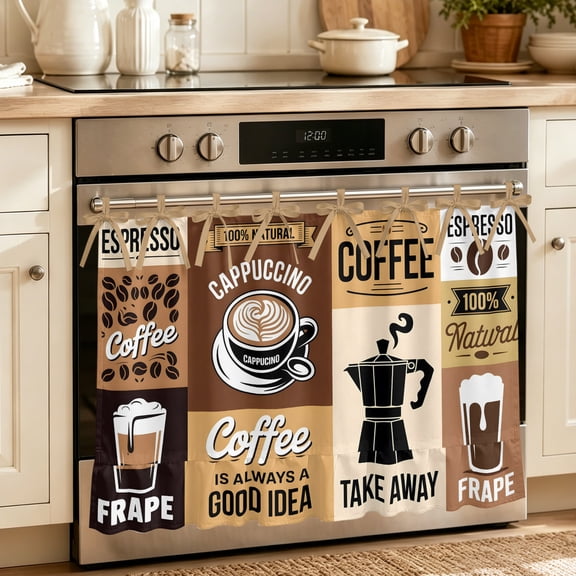 Oven Skirt Curtain for Kitchen 20x27 Inch, Vintage Coffee Oven Curtain with 8 Ribbon Ties & Ruffle Trim, Stove Skirt Curtain Dishwasher for Cabinets Over Sinks Retro Art Farmhouse Coffee Beans