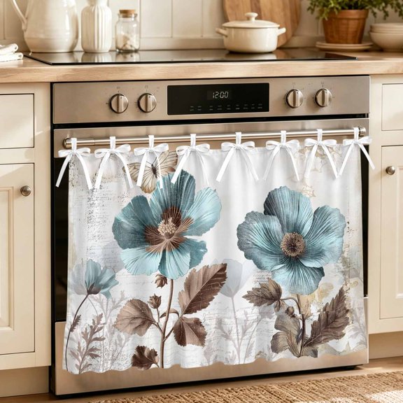 Oven Skirt Curtain for Kitchen 20x27 Inch, Vintage Flowers Oven Curtain with 8 Ribbon Ties & Ruffle Trim, Stove Skirt Curtain Dishwasher for Cabinets Over Sinks Teal Blue Floral Nature Butterfly