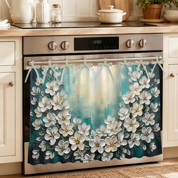 Oven Skirt Curtain for Kitchen 20x27 Inch, White Flowers Oven Curtain with 8 Ribbon Ties & Ruffle Trim, Stove Skirt Curtain Dishwasher for Cabinets Over Sink Rustic Plants Farmhouse Retro Teal Relief