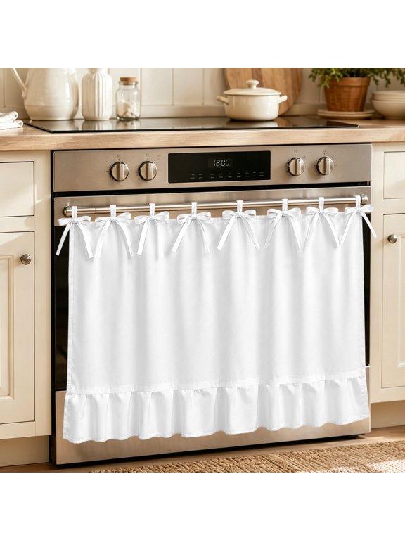 Oven Skirt Curtain for Kitchen 20x27 Inch, White Oven Curtain with 8 Ribbon Ties & Ruffle Trim, Stove Skirt Curtain Dishwasher for Cabinets Over Sinks Modern Simple White Backdrop