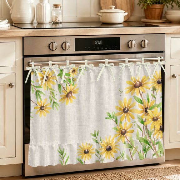 Oven Skirt Curtain for Kitchen 20x27 Inch, Yellow Daisy Flowers Oven Curtain with 8 Ribbon Ties & Ruffle Trim, Stove Skirt Curtain Dishwasher for Cabinets Sinks Spring Summer Rustic Garden Floral