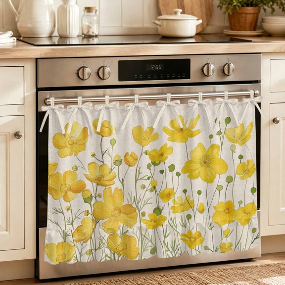 Oven Skirt Curtain for Kitchen 20x27 Inch, Yellow Daisy Oven Curtain with 8 Ribbon Ties & Ruffle Trim, Stove Skirt Curtain Dishwasher for Cabinets Over Sinks Rustic Spring Floral Summer Botanical