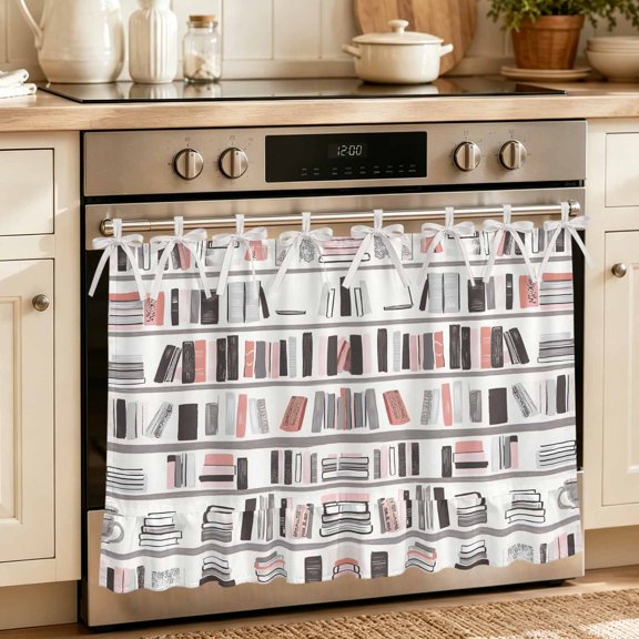 Oven Skirt Curtain for Kitchen 21.5x30 Inch, Abstract Bookshelf Oven Curtain with 8 Ribbon Ties & Ruffle Trim, Stove Skirt Curtain Dishwasher for Cabinets Over Sinks Modern Literary Books Aesthetic