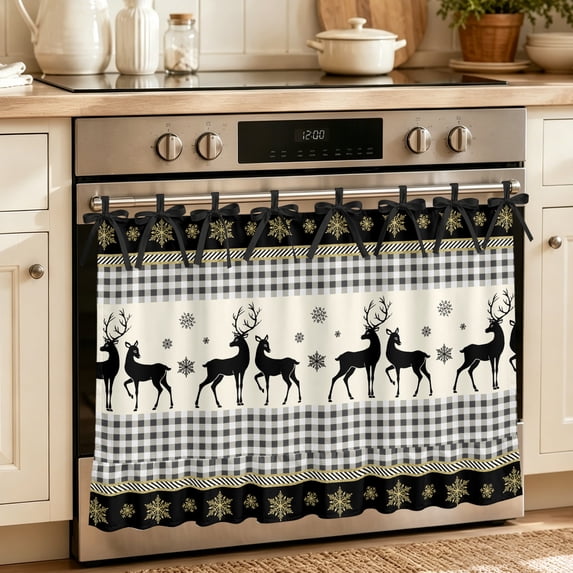Oven Skirt Curtain for Kitchen 21.5x30 Inch, Black Christmas Oven Curtain with 8 Ribbon Ties & Ruffle Trim, Stove Skirt Curtain Dishwasher for Cabinets Over Sinks Xmas Snowflake Elk Plaid
