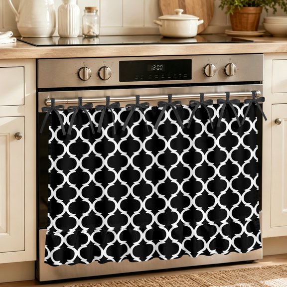 Oven Skirt Curtain for Kitchen 21.5x30 Inch, Black Morocco Pattern Oven Curtain with 8 Ribbon Ties & Ruffle Trim, Stove Skirt Curtain Dishwasher for Cabinets Over Sinks White Moroccan Geometric Art