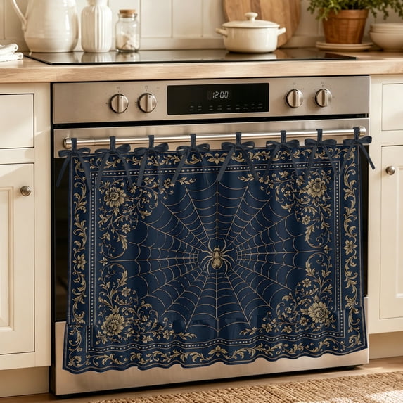Oven Skirt Curtain for Kitchen 21.5x30 Inch, Blue Spiders Web Halloween Oven Curtain with 8 Ribbon Ties & Ruffle Trim, Stove Skirt Curtain Dishwasher for Cabinets Sinks Vintage Floral Luxury Abstract