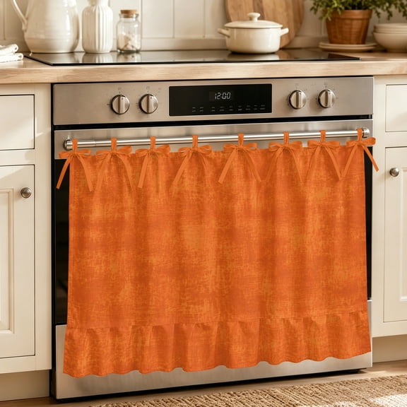 Oven Skirt Curtain for Kitchen 21.5x30 Inch, Burnt Orange Oven Curtain with 8 Ribbon Ties & Ruffle Trim, Stove Skirt Curtain Dishwasher for Cabinets Over Sink Country Farmhouse Warmth Orange Mottling