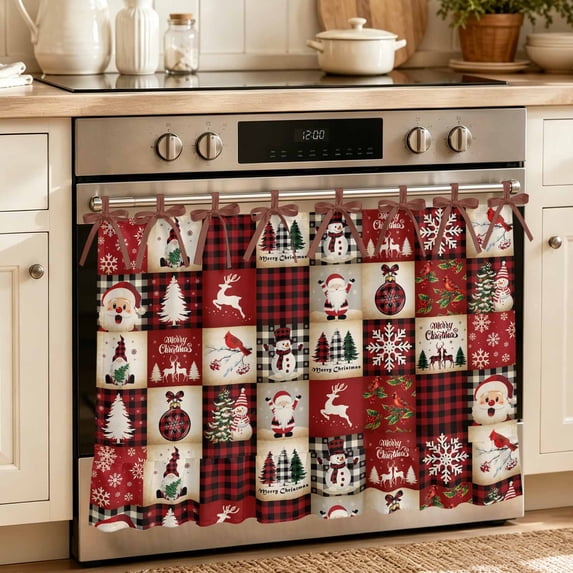 Oven Skirt Curtain for Kitchen 21.5x30 Inch, Christmas Plaid Oven Curtain with 8 Ribbon Ties & Ruffle Trim, Stove Skirt Curtain Dishwasher for Cabinets Sinks Xmas Tree Snowflake Snowman Vintage Red