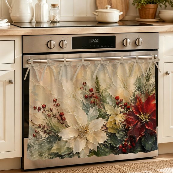 Oven Skirt Curtain for Kitchen 21.5x30 Inch, Christmas Poinsettia Blooms Oven Curtain with 8 Ribbon Ties & Ruffle Trim, Stove Skirt Curtain Dishwasher for Cabinets Sinks Winter Berry Botanical Xmas