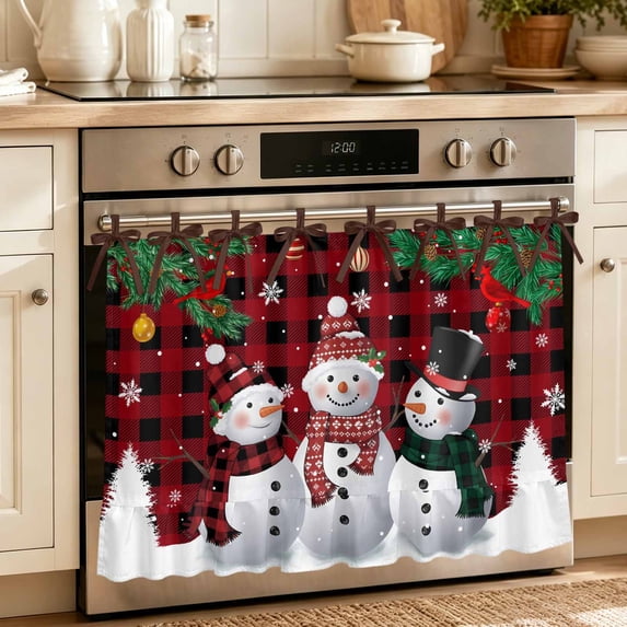 Oven Skirt Curtain for Kitchen 21.5x30 Inch, Christmas Snowman Oven Curtain with 8 Ribbon Ties & Ruffle Trim, Stove Skirt Curtain Dishwasher for Cabinets Buffalo Plaid Xmas Pine Branch Snowflake