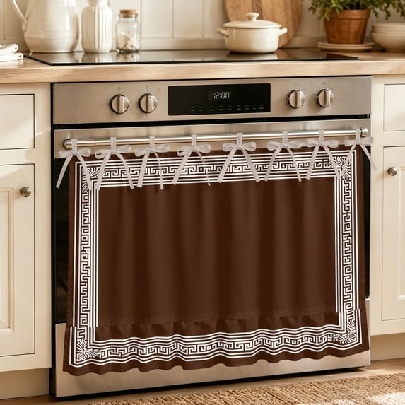 Oven Skirt Curtain for Kitchen 21.5x30 Inch, Coffee Brown Greek Key Oven Curtain with 8 Ribbon Ties & Ruffle Trim, Stove Skirt Curtain Dishwasher for Cabinets Geometric Greece Ancient Farmhouse Geo