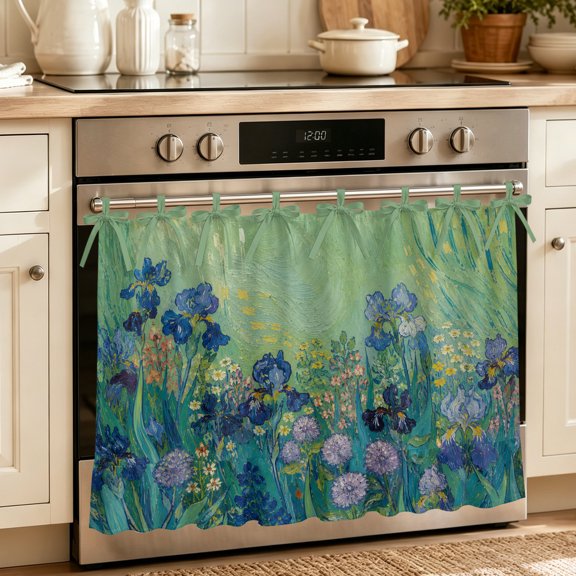 Oven Skirt Curtain for Kitchen 21.5x30 Inch, Cottagecore Botanical Oven Curtain with 8 Ribbon Ties & Ruffle Trim, Stove Skirt Curtain Dishwasher for Cabinets Over Sinks Vintage Green Blue Floral
