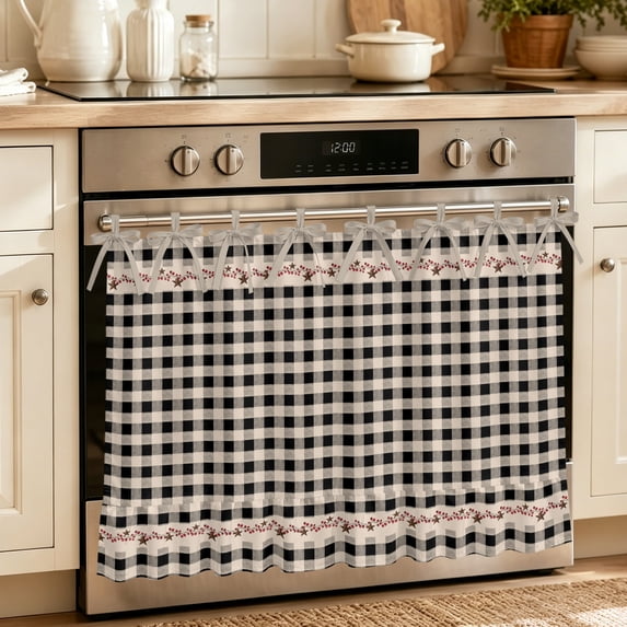 Oven Skirt Curtain for Kitchen 21.5x30 Inch, Country Star Plaid Oven Curtain with 8 Ribbon Ties & Ruffle Trim, Stove Skirt Curtain Dishwasher for Cabinets Sinks Black Retro American Farm Barn Berry