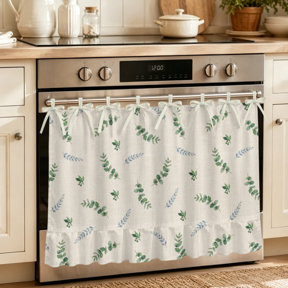 Oven Skirt Curtain for Kitchen 21.5x30 Inch, Eucalyptus Leaves Oven Curtain with 8 Ribbon Ties & Ruffle Trim, Stove Skirt Curtain Dishwasher for Cabinets Sinks Rustic Spring Botanical Summer Leaf