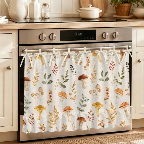 Oven Skirt Curtain for Kitchen 21.5x30 Inch, Fall Mushroom Leaves Oven Curtain with 8 Ribbon Ties & Ruffle Trim, Stove Skirt Curtain Dishwasher for Cabinets Sinks Farmhouse Retro Botanical Plants