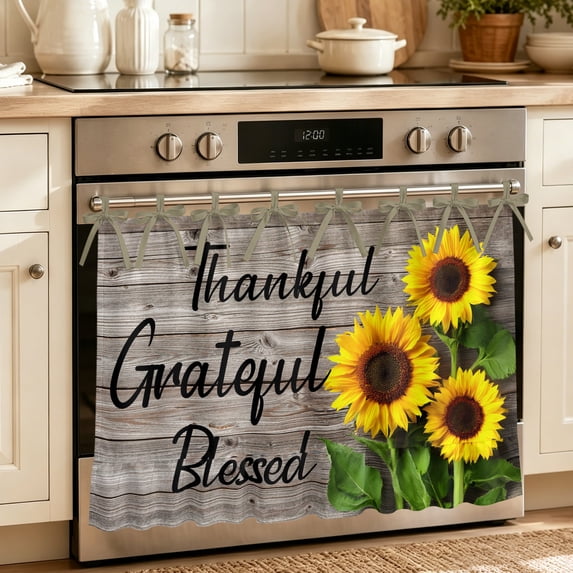 Oven Skirt Curtain for Kitchen 21.5x30 Inch, Farm Sunflower Oven Curtain with 8 Ribbon Ties & Ruffle Trim, Stove Skirt Curtain Dishwasher for Cabinets Over Sinks Positive Floral Vintage Brown Wooden