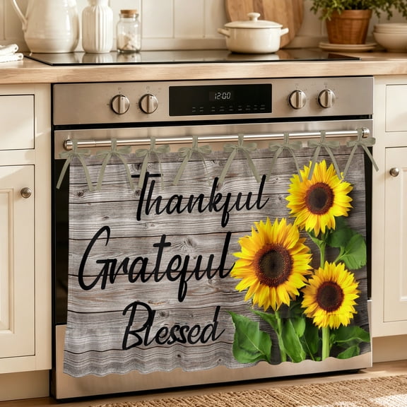 Oven Skirt Curtain for Kitchen 21.5x30 Inch, Farm Sunflower Oven Curtain with 8 Ribbon Ties & Ruffle Trim, Stove Skirt Curtain Dishwasher for Cabinets Over Sinks Positive Floral Vintage Brown Wooden