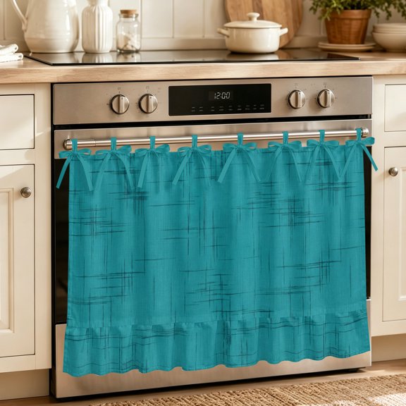 Oven Skirt Curtain for Kitchen 21.5x30 Inch, Farmhouse Turquoise Oven Curtain with 8 Ribbon Ties & Ruffle Trim, Stove Skirt Curtain Dishwasher for Cabinets Over Sinks Boho Vintage Woven Texture