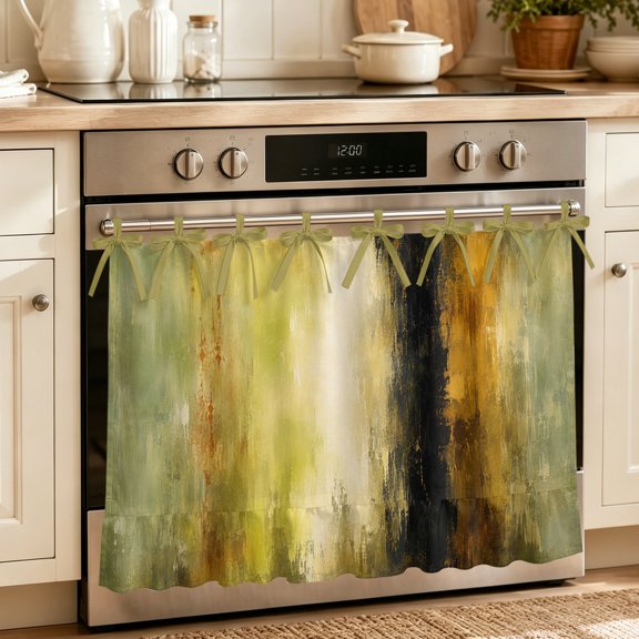 Oven Skirt Curtain for Kitchen 21.5x30 Inch, Green Abstract Oven Curtain with 8 Ribbon Ties & Ruffle Trim, Stove Skirt Curtain Dishwasher for Cabinets Sink Autumn Rustic Gradient Vintage Oil Painting