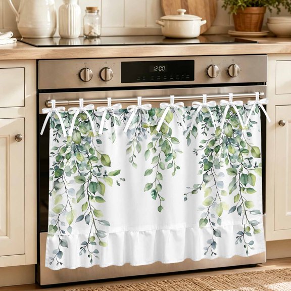 Oven Skirt Curtain for Kitchen 21.5x30 Inch, Green Eucalyptus Leaf Oven Curtain with 8 Ribbon Ties & Ruffle Trim, Stove Skirt Curtain Dishwasher for Cabinets Over Sinks Spring Botanical Leaves Floral