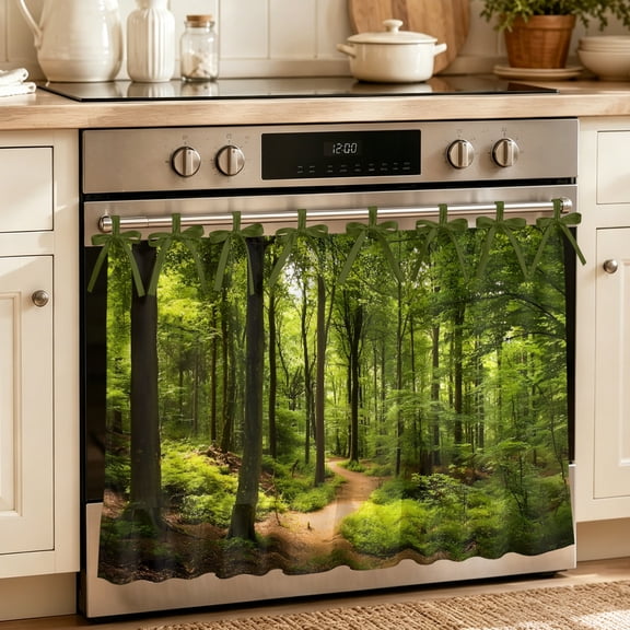 Oven Skirt Curtain for Kitchen 21.5x30 Inch, Green Forest Oven Curtain with 8 Ribbon Ties & Ruffle Trim, Stove Skirt Curtain Dishwasher for Cabinets Over Sinks Natural Summer Trees Cottagecore