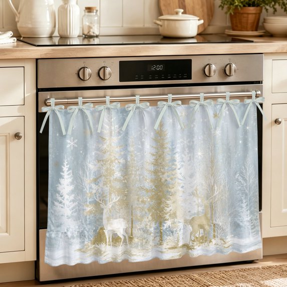 Oven Skirt Curtain for Kitchen 21.5x30 Inch, Grey Golden Christmas Oven Curtain with 8 Ribbon Ties & Ruffle Trim, Stove Skirt Curtain Dishwasher for Cabinets Over Sinks Snowflake Xmas Tree Forest Elk
