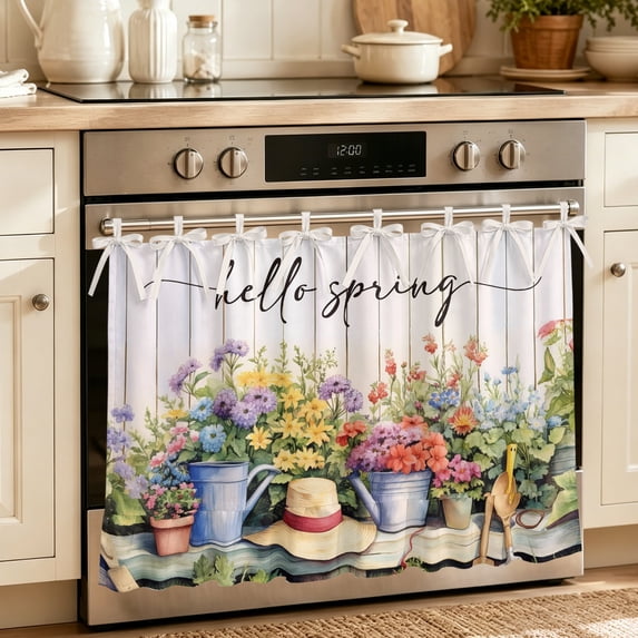 Oven Skirt Curtain for Kitchen 21.5x30 Inch, Hello Spring Oven Curtain with 8 Ribbon Ties & Ruffle Trim, Stove Skirt Curtain Dishwasher for Cabinets Over Sinks Elagant Summer Floral Botanical Wooden