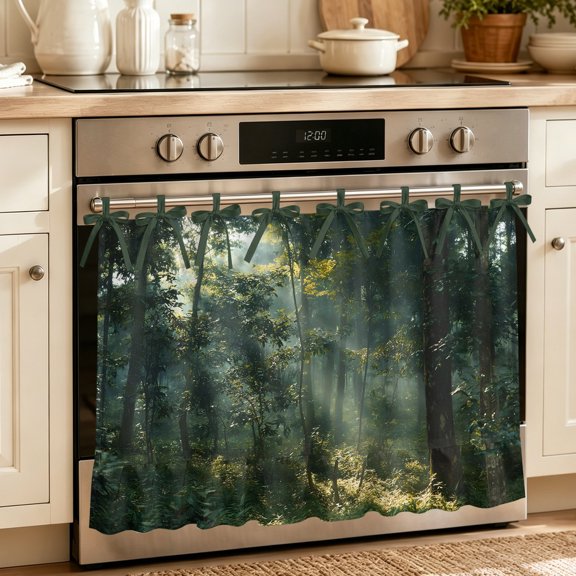 Oven Skirt Curtain for Kitchen 21.5x30 Inch, Natural Trees Oven Curtain with 8 Ribbon Ties & Ruffle Trim, Stove Skirt Curtain Dishwasher for Cabinets Over Sinks Forest Leaves Cottagecore Green Modern