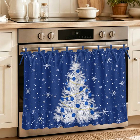 Oven Skirt Curtain for Kitchen 21.5x30 Inch, Navy Blue Christmas Tree Oven Curtain with 8 Ribbon Ties & Ruffle Trim, Stove Skirt Curtain Dishwasher for Cabinets Over Sinks Balls Snowflake Xmas Tree