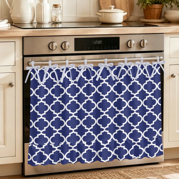Oven Skirt Curtain for Kitchen 21.5x30 Inch, Navy Blue Morocco Oven Curtain with 8 Ribbon Ties & Ruffle Trim, Stove Skirt Curtain Dishwasher for Cabinets Sinks Modern Farmhouse Geometric Textured