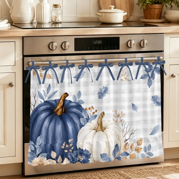 Oven Skirt Curtain for Kitchen 21.5x30 Inch, Navy Blue Pumpkin Fall Oven Curtain with 8 Ribbon Ties & Ruffle Trim, Stove Skirt Curtain Dishwasher for Cabinets Sinks Thanksgiving Grey Checkered Autumn