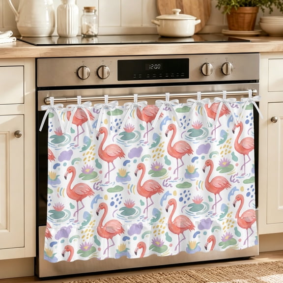 Oven Skirt Curtain for Kitchen 21.5x30 Inch, Pink Flamingo Oven Curtain with 8 Ribbon Ties & Ruffle Trim, Stove Skirt Curtain Dishwasher for Cabinets Sinks Summer Cartoon Watercolor Tropical Flowers