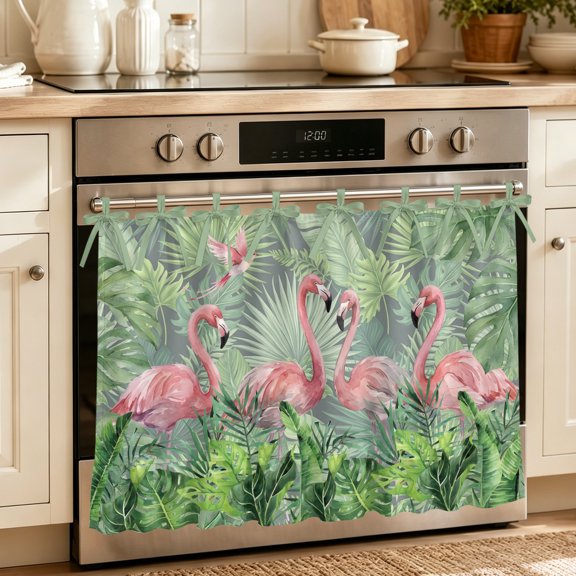 Oven Skirt Curtain for Kitchen 21.5x30 Inch, Pink Flamingo Rustic Oven Curtain with 8 Ribbon Ties & Ruffle Trim, Stove Skirt Curtain Dishwasher for Cabinets Sinks Tropical Summer Palm Leaves Jungle