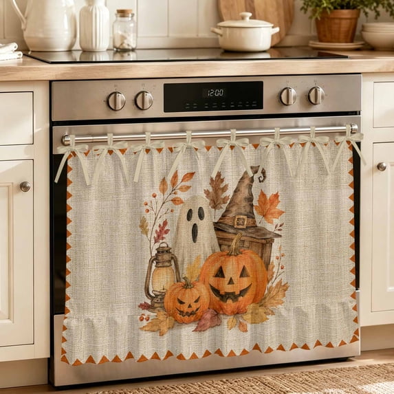 Oven Skirt Curtain for Kitchen 21.5x30 Inch, Pumpkins Ghost Halloween Oven Curtain with 8 Ribbon Ties & Ruffle Trim, Stove Skirt Curtain Dishwasher for Cabinets Over Sinks Maple Leaves Farmhouse