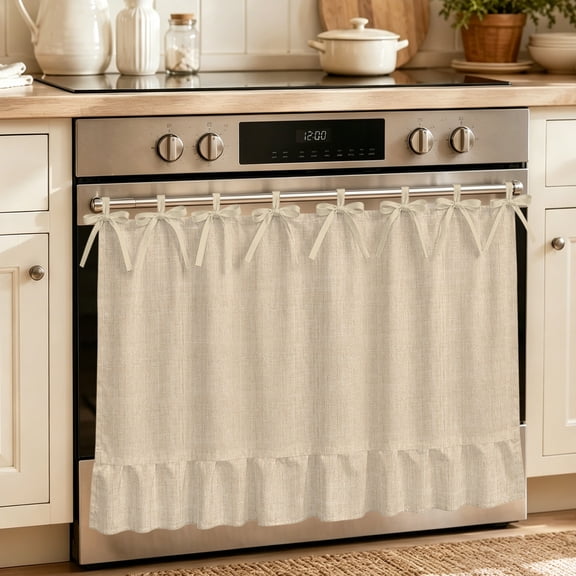 Oven Skirt Curtain for Kitchen 21.5x30 Inch, Rustic Beige Oven Curtain with 8 Ribbon Ties & Ruffle Trim, Stove Skirt Curtain Dishwasher for Cabinets Over Sinks Farmhouse Linen Texture Cottagecore
